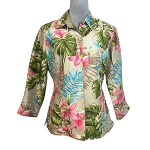 Silkland Silk Tropical Floral Blouse Blazer Multicolor 3/4 Sleeve Spring Top S
